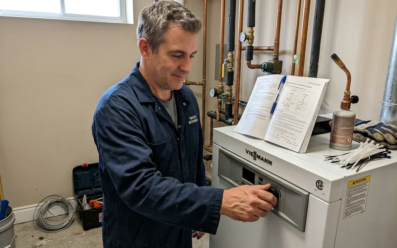 Technician setting the outdoor reset curve on a condensing boiler control panel in a Toronto mechanical room