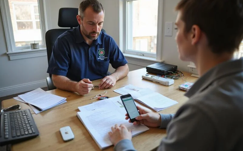 TSSA-certified HVAC technician reviewing Ontario HRS and Canada Greener Homes rebate eligibility documents at a desk with a Toronto homeowner