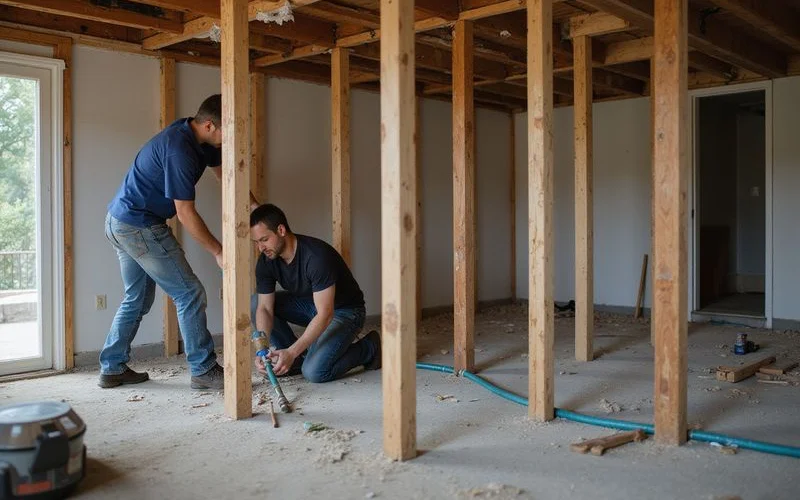 TSSA-certified technician routing natural gas tubing through basement joists toward a backyard BBQ gas connection Toronto home