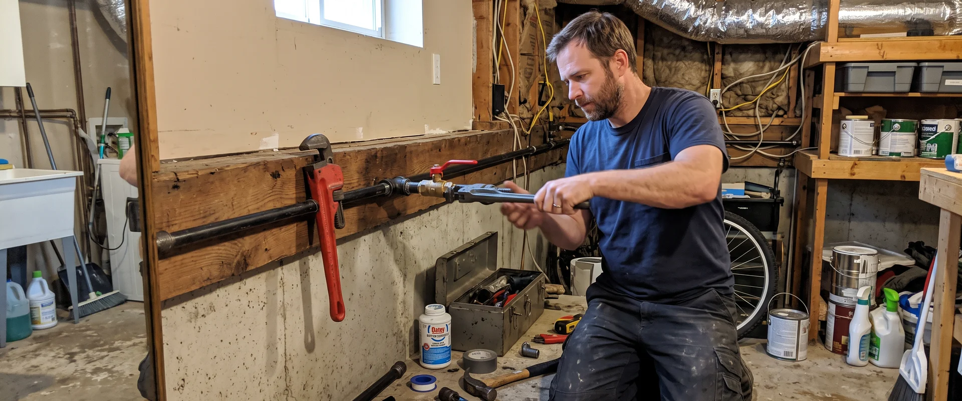 Gas technician installing a black iron gas line with a shut-off valve along a basement joist