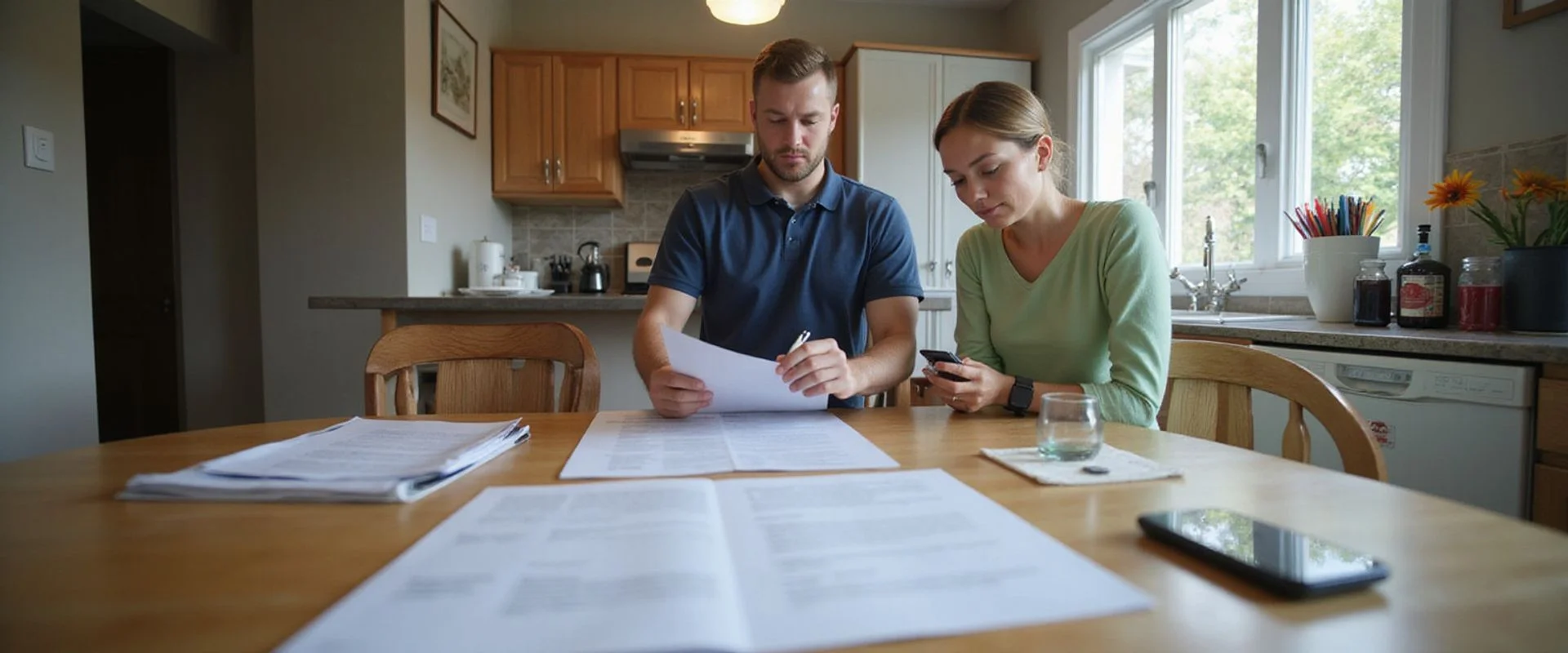HVAC technician completing Ontario heat pump rebate application forms with a homeowner