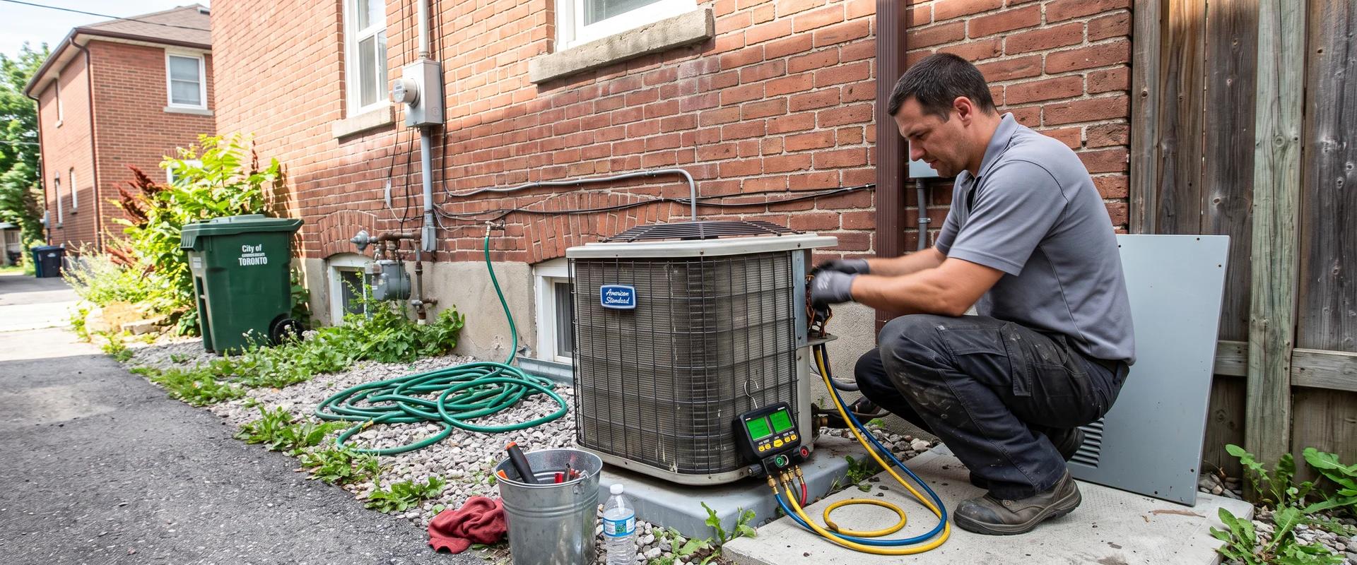 HVAC technician checking refrigerant gauges at an outdoor AC condenser beside a Toronto home