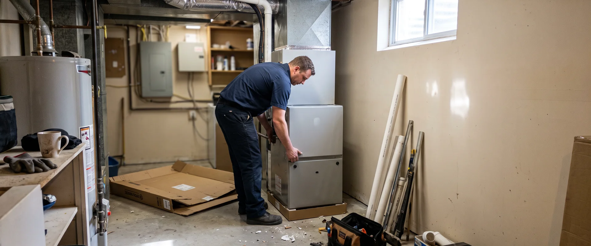 HVAC technician installing a high-efficiency condensing furnace in a Toronto basement mechanical room