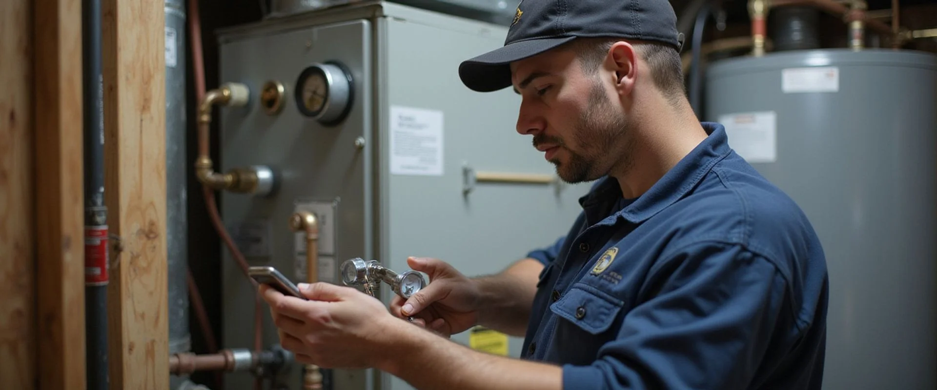 HVAC technician performing annual furnace maintenance in a Toronto basement