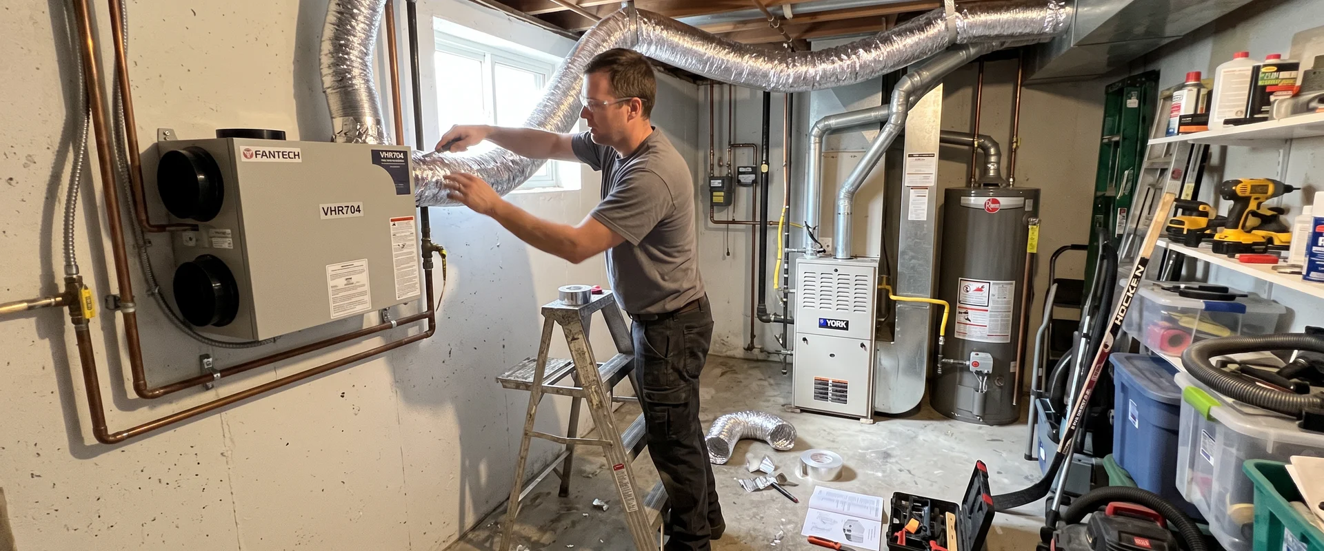 Technician installing a heat recovery ventilator with insulated ducting in a Toronto basement