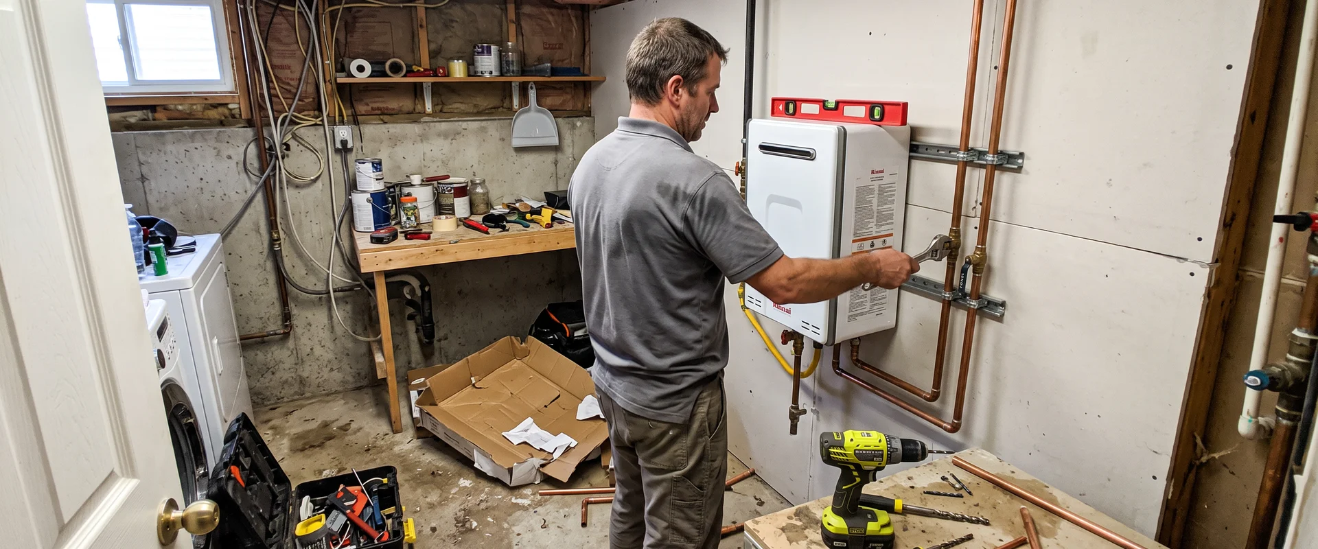 Technician installing a wall-mounted condensing tankless water heater in a Toronto basement
