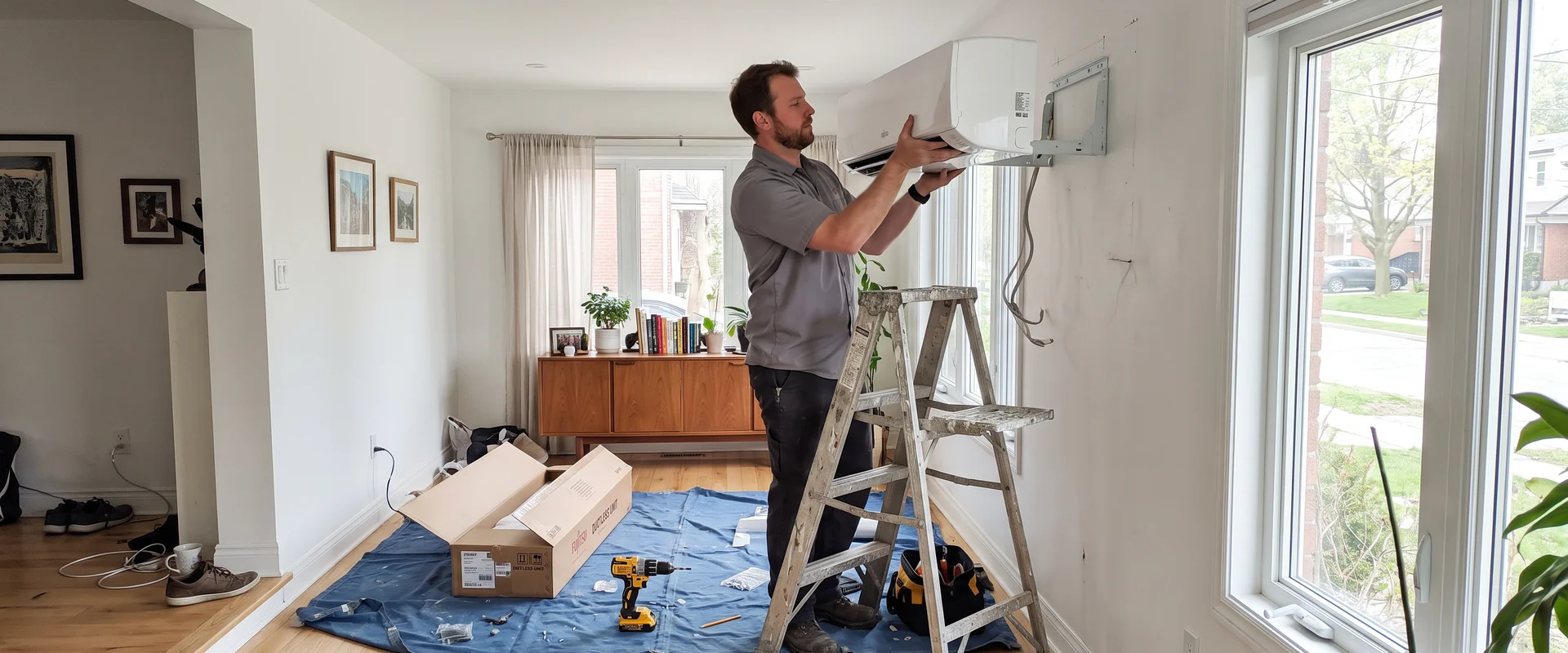 Technician mounting a ductless mini-split indoor head on the wall of a Toronto home addition