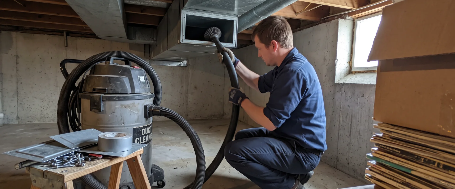 Technician cleaning a residential supply duct with a rotary brush and vacuum hose