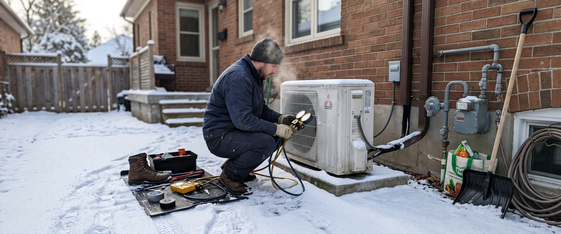 Technician commissioning a cold-climate air-source heat pump outdoor unit beside a Toronto home in winter