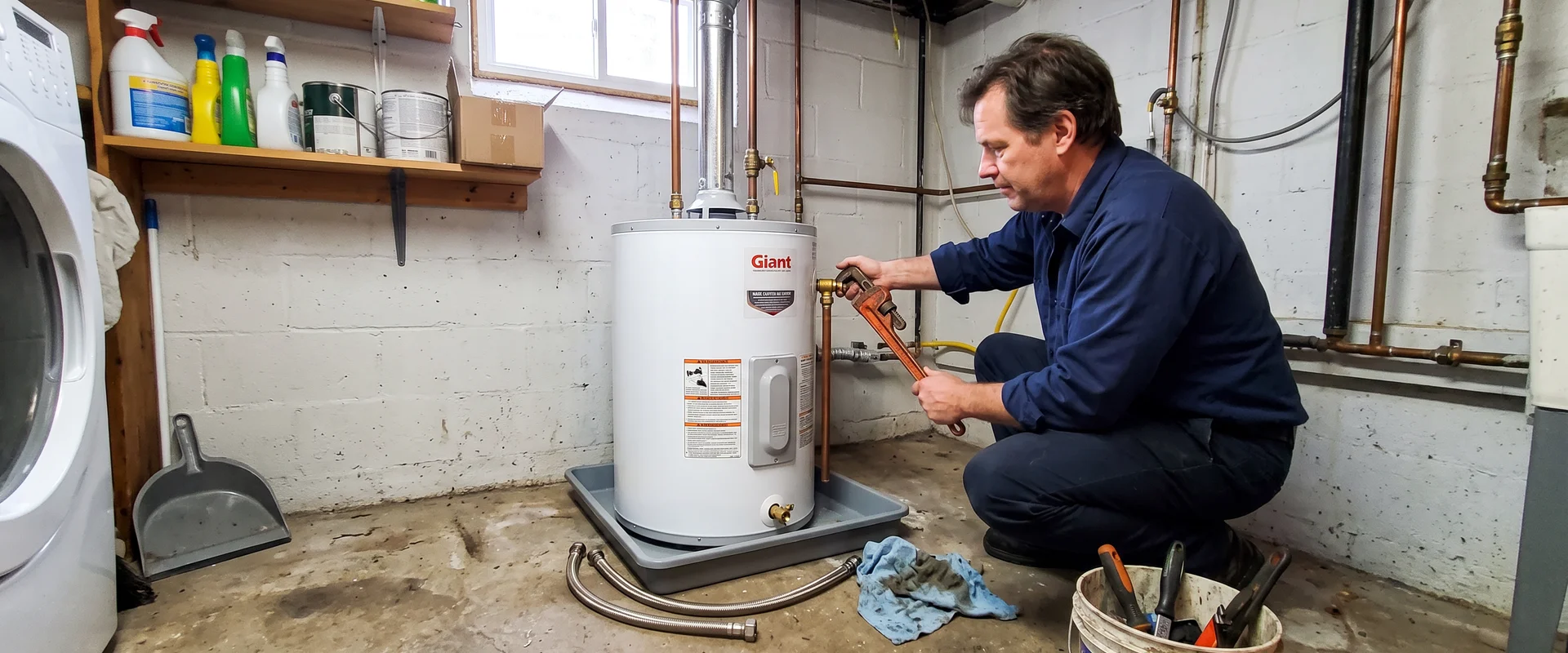 Technician connecting water lines on a newly installed gas tank water heater in a Toronto basement