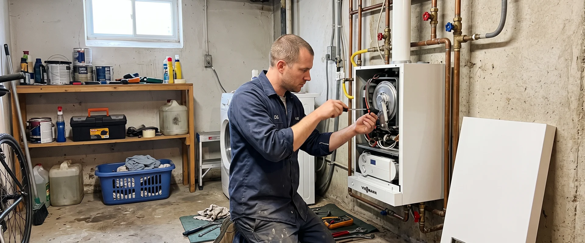 Technician servicing a wall-mounted condensing combi boiler in a Toronto basement utility room