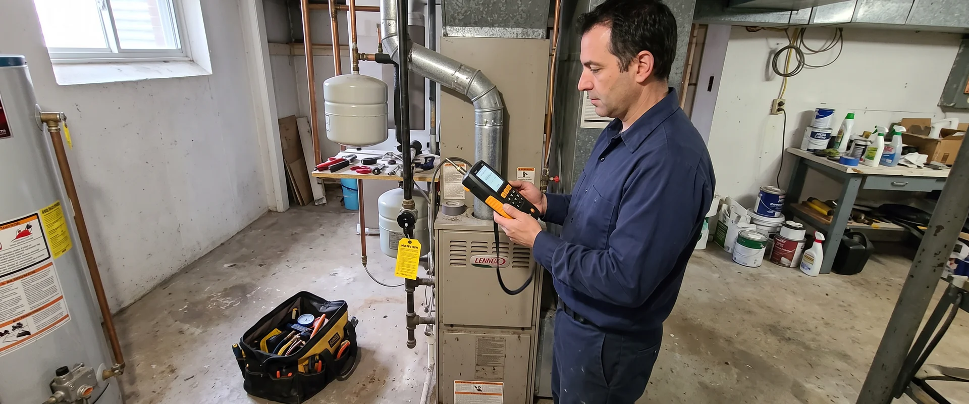 TSSA-certified gas technician testing a red-tagged furnace with a combustion analyzer in a Toronto basement