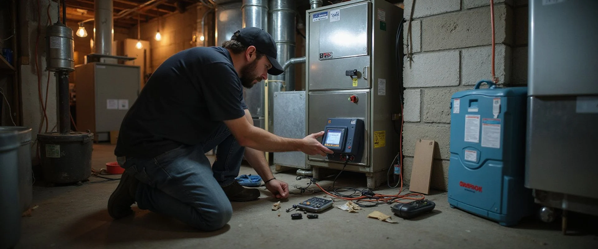 TSSA-certified HVAC technician diagnosing a failed furnace in a Toronto basement mechanical room during a winter emergency call