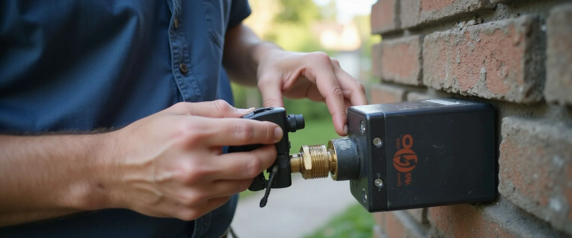 TSSA-certified technician connecting a natural gas quick-disconnect box on a backyard patio in Toronto