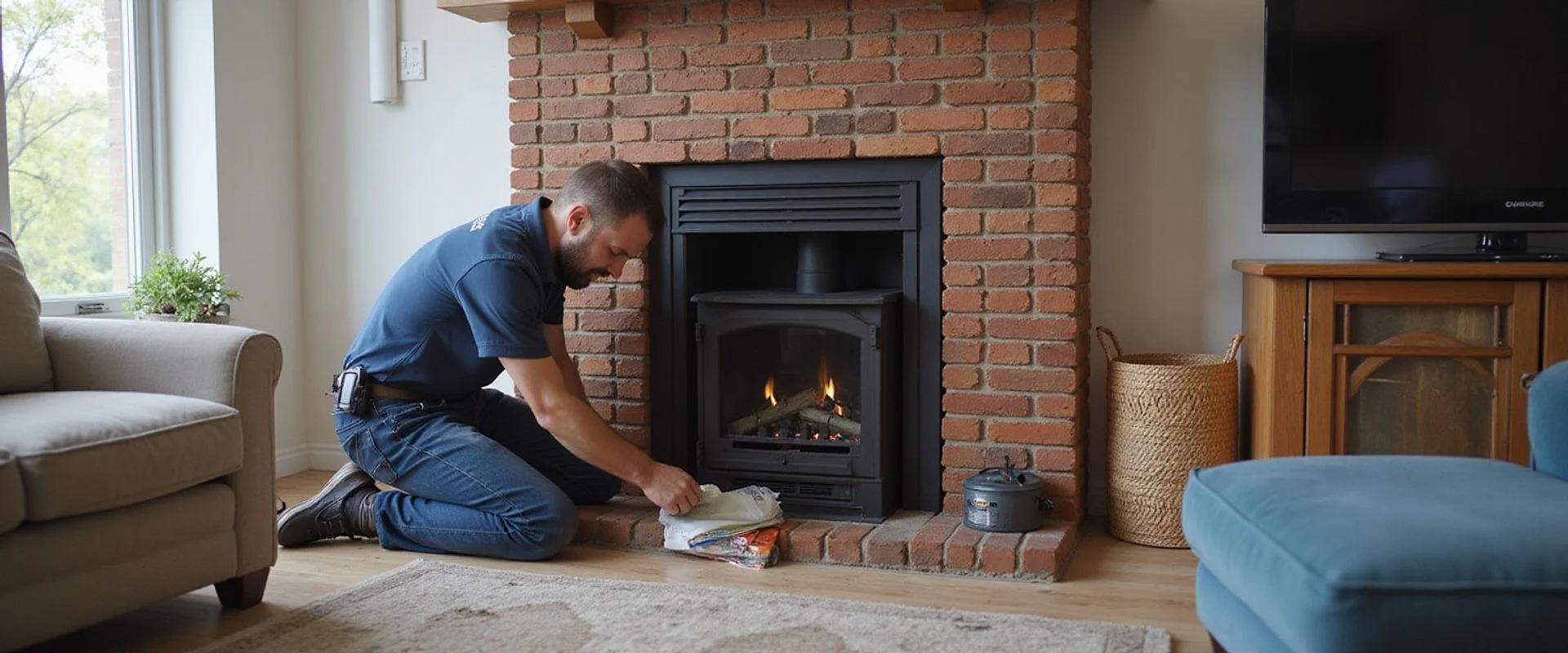 TSSA-certified technician installing a direct-vent gas fireplace insert inside a Toronto living room beside a brick hearth