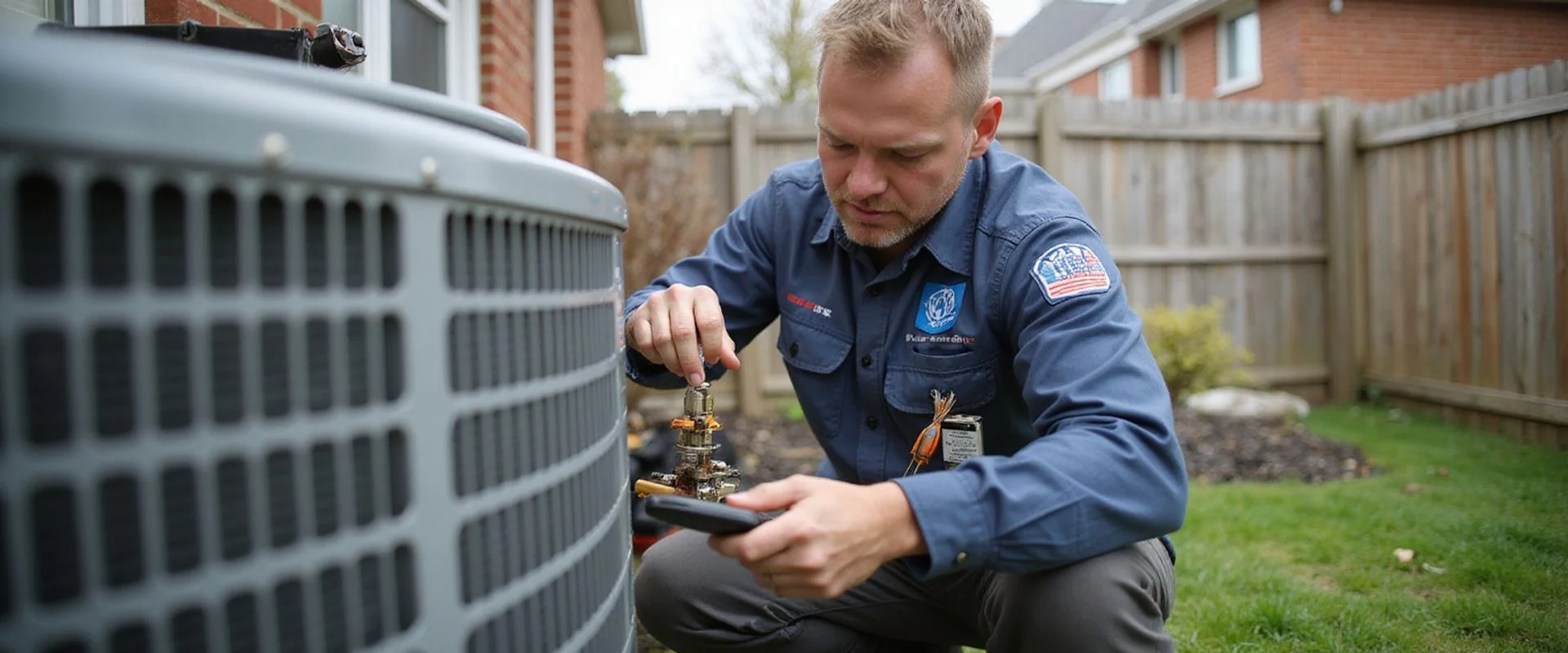 TSSA-certified technician performing spring AC tune-up at an outdoor condenser unit in a Toronto backyard