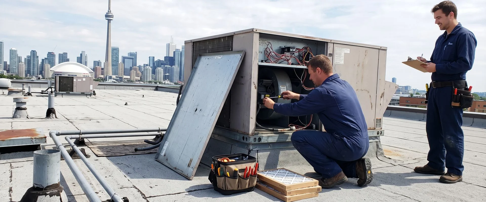 HVAC technicians servicing a rooftop unit on a flat commercial roof in Toronto
