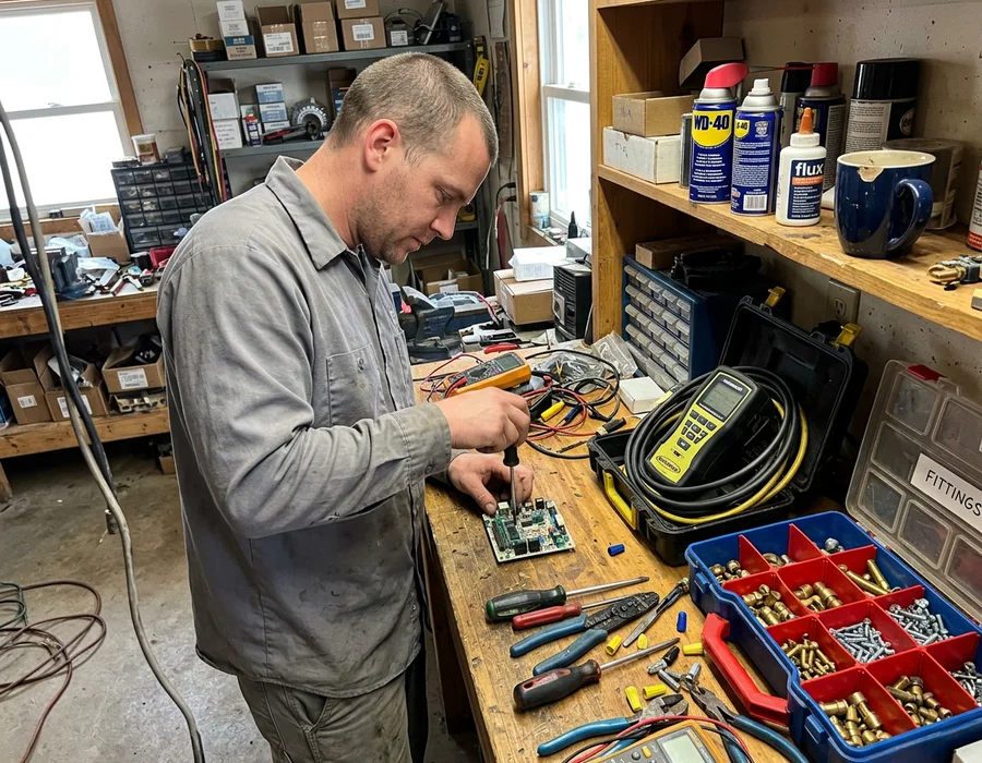 Technician working at a workshop bench with hand tools and a combustion analyzer