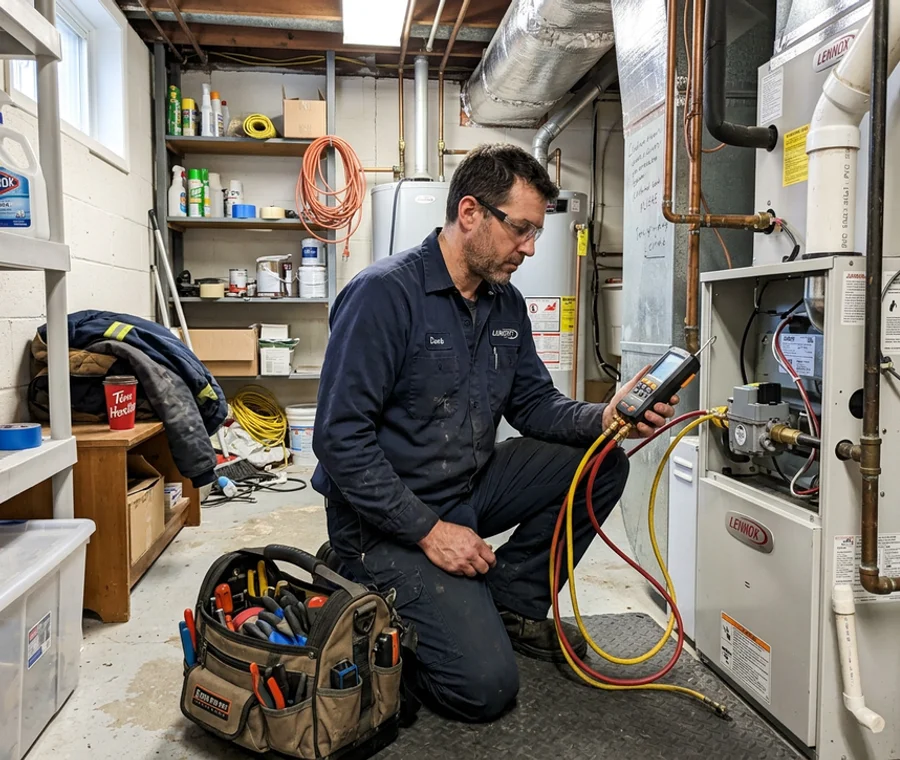 TSSA-certified technician checking gas pressure on a high-efficiency furnace in a Toronto basement