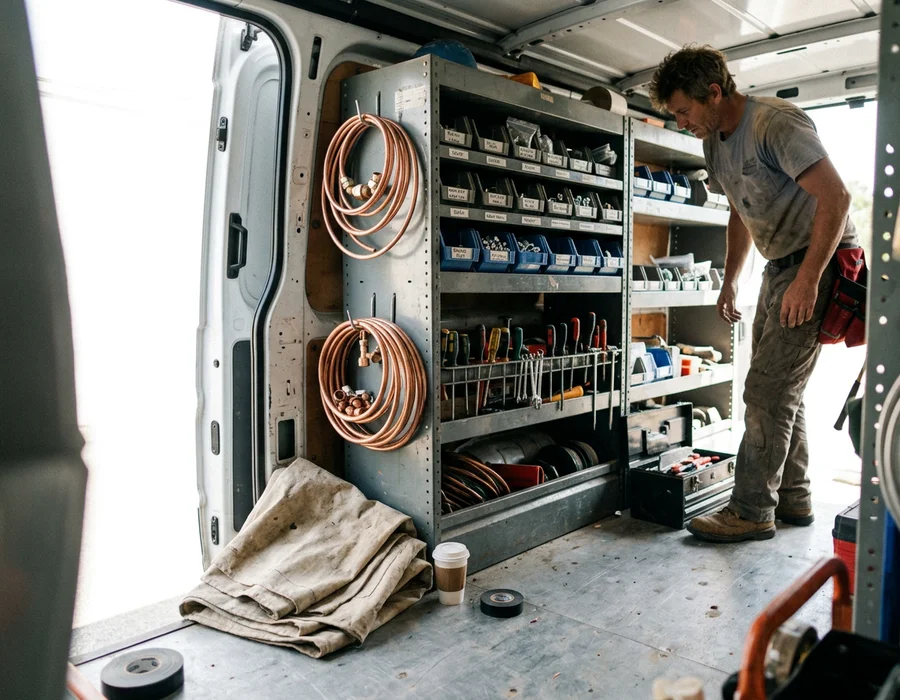 Organised HVAC service van interior with labelled parts bins and tools