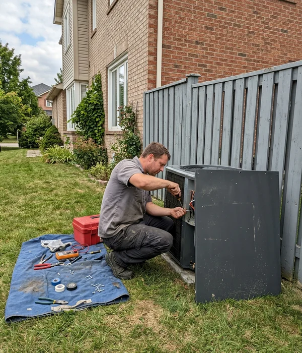 Technician working at an outdoor heat pump condenser beside a GTA home