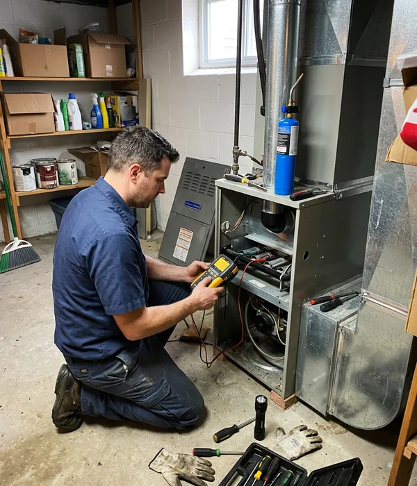 Technician using a combustion analyzer on an open furnace in a Toronto basement