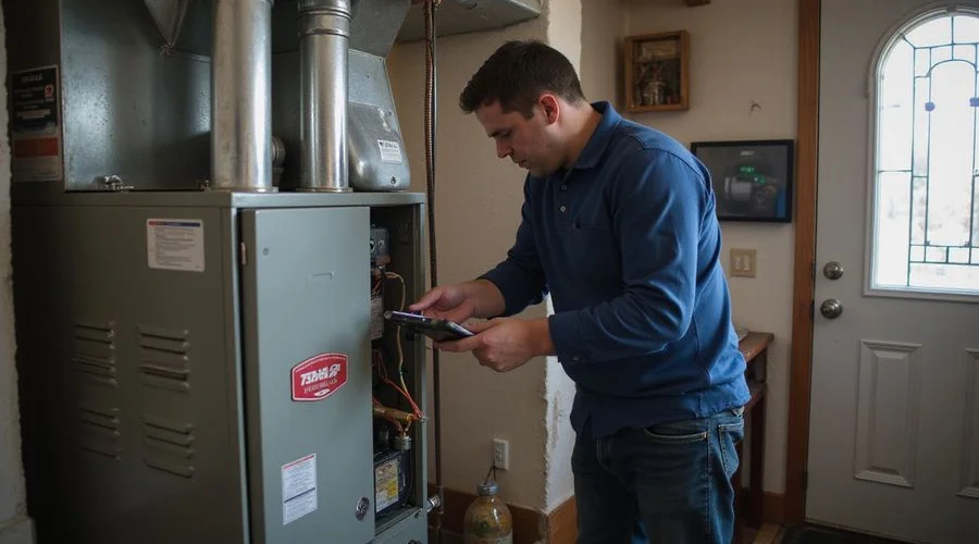 TSSA-certified technician running a combustion analysis on a residential furnace during a winter no-heat emergency in a Toronto basement mechanical room