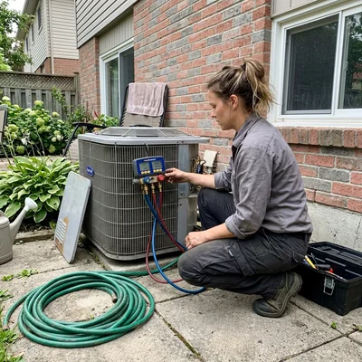 Alexis Nguyen, HVAC installation specialist, checking refrigerant gauges at an outdoor condenser unit