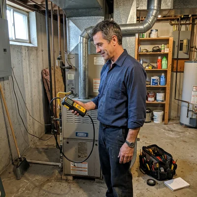 Marco Belmonte, lead TSSA G1 gas technician, holding a combustion analyzer beside a residential furnace